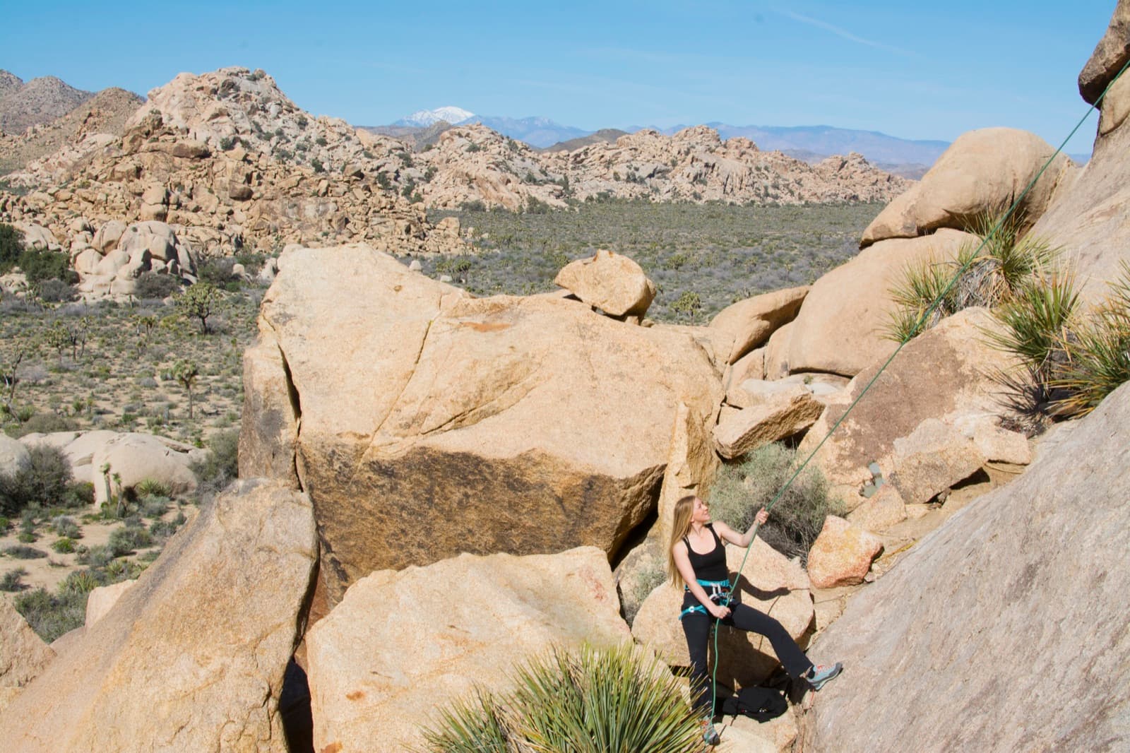 A climber belaying a partner on a rope at an outdoor climbing area.