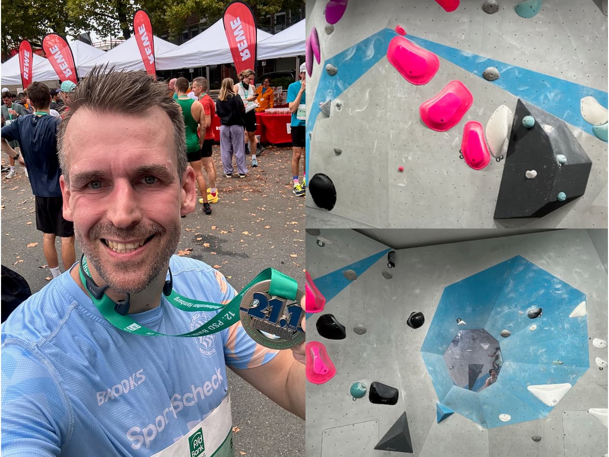 Three photos side by side: a runner holding a Hamburg half marathon medal after the finish, and two bouldering walls in the gym, one with pink holds on a slab, one with a large blue volume feature.