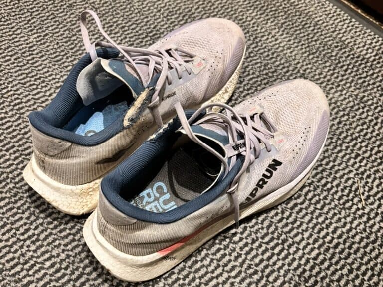 A pair of worn grey running shoes with dark blue lining on a doormat, the inside of the left shoe worn through.