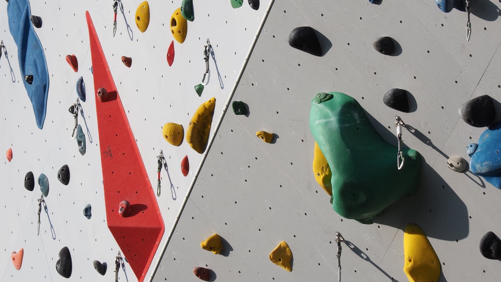 A colourful indoor climbing wall covered in holds.