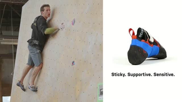 The Ocún Fury climbing shoe on a small foothold