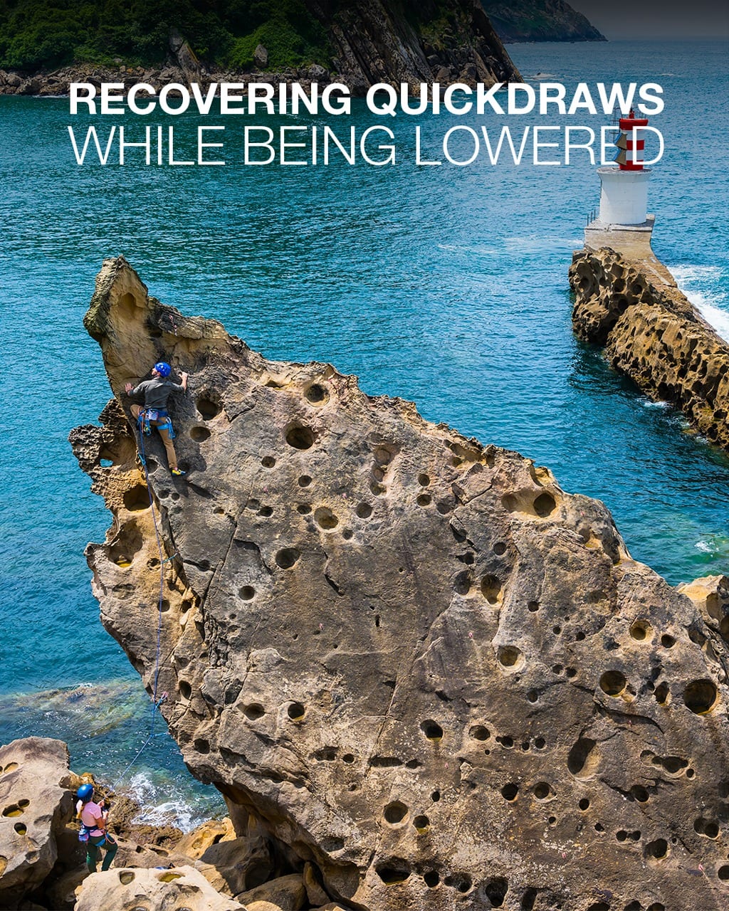 Climber being lowered while cleaning quickdraws from an overhanging route