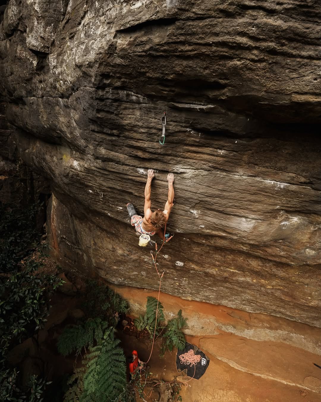 Climber hanging from a dark sandstone roof above a wooded slope