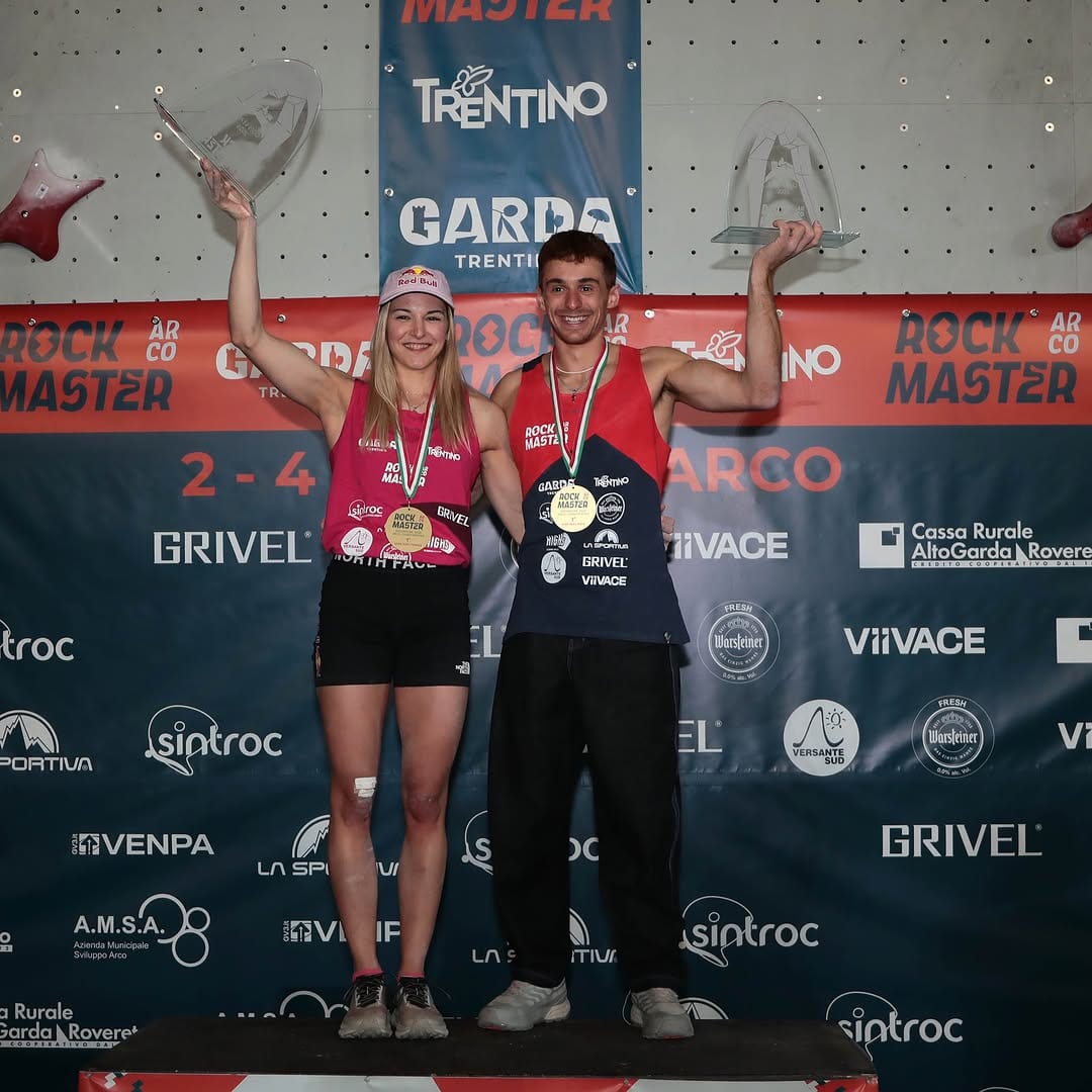 Two winners with their medals on the Rock Master podium in Arco