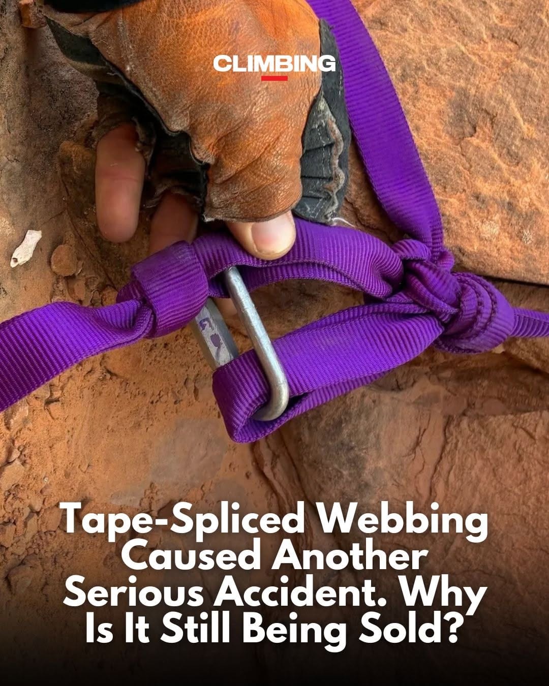 Purple webbing sling joined with a strip of tape and clipped to a steel carabiner on red sandstone