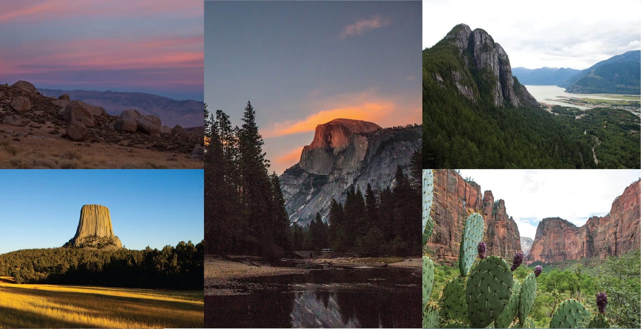 Collage of North American climbing landscapes including Devils Tower and Half Dome at sunset