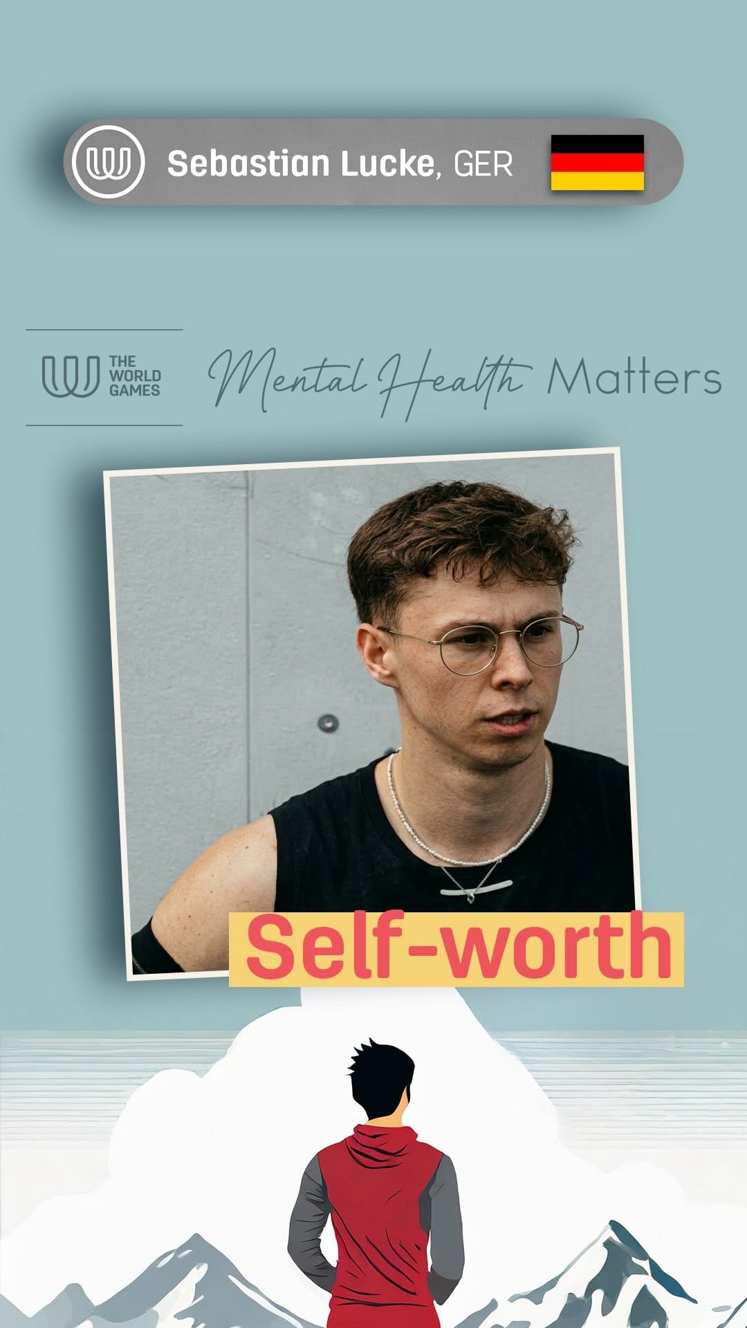 Graphic from The World Games with a portrait of Sebastian Lucke and the word Self-worth