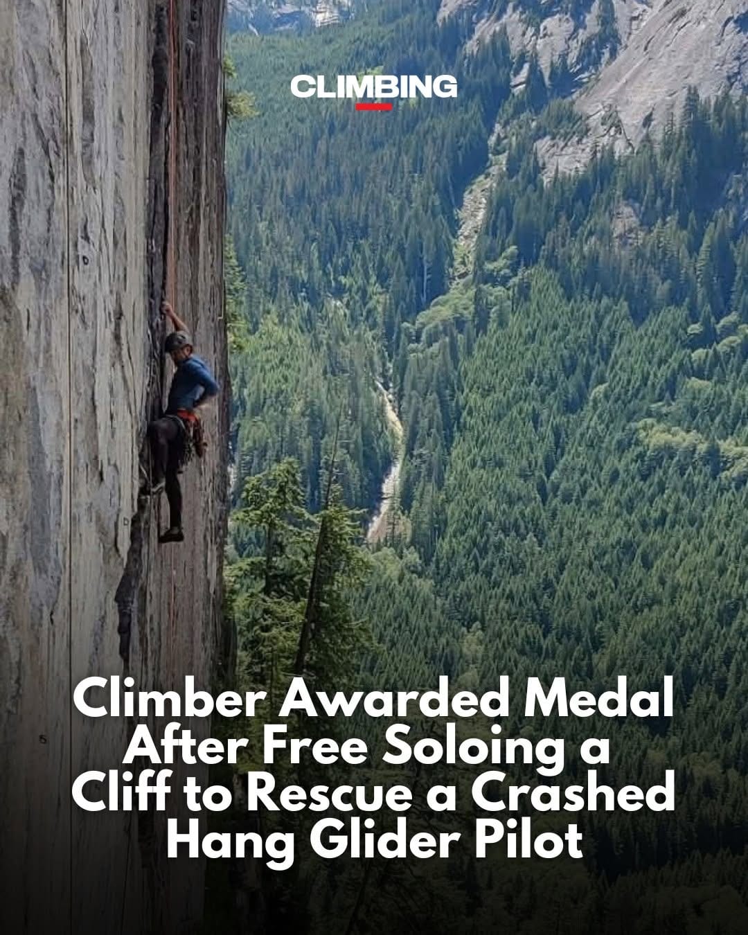 A climber on a crack in a granite wall above a forested valley, with a headline about the medal