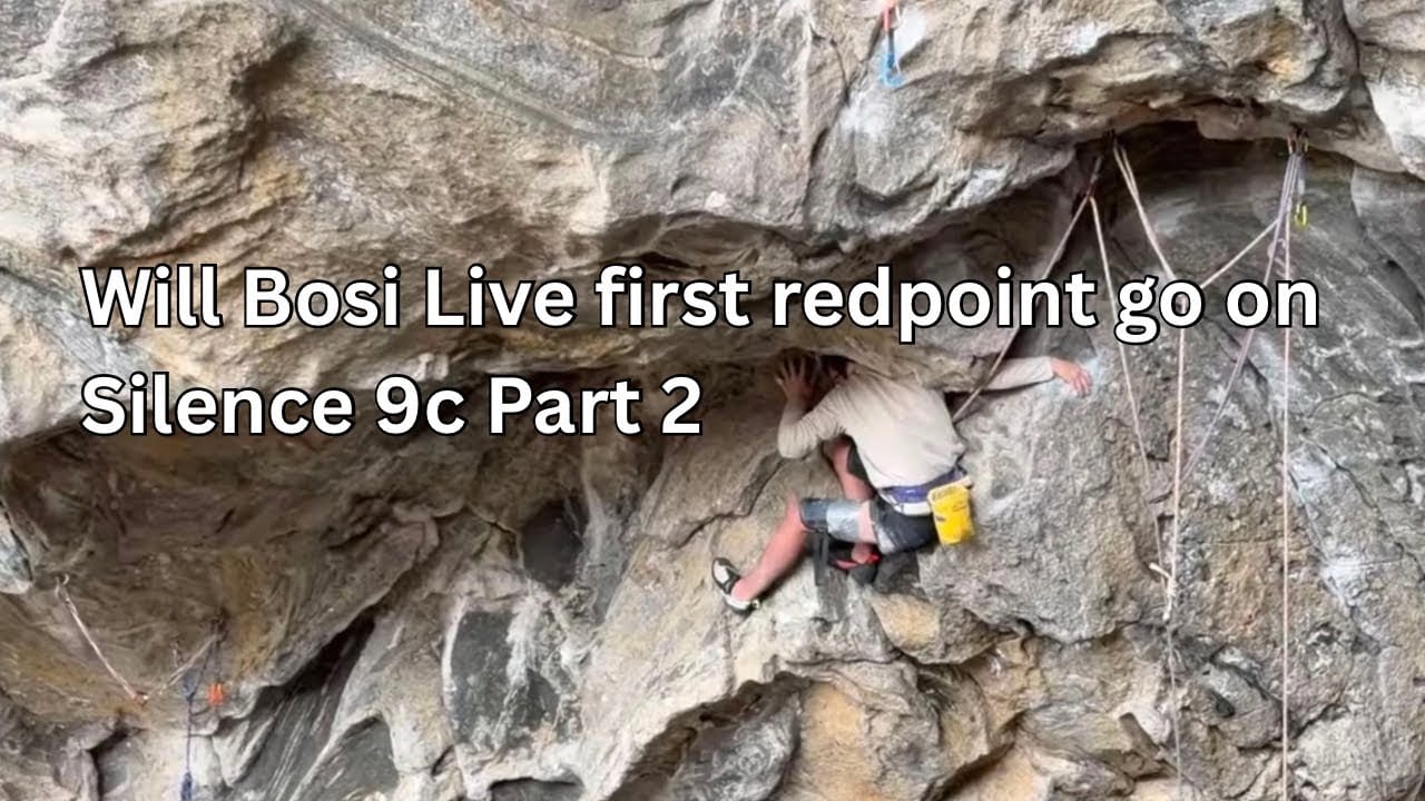Will Bosi under the Flatanger cave roof on Silence, with the video title over the image